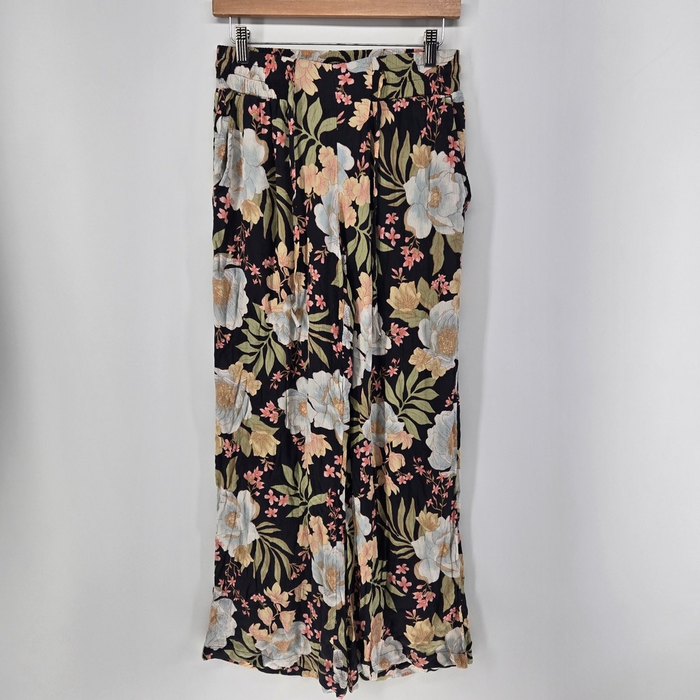 Billabong Pants Women S Black Floral Wide Leg Elastic Waist Beach Boho Summer